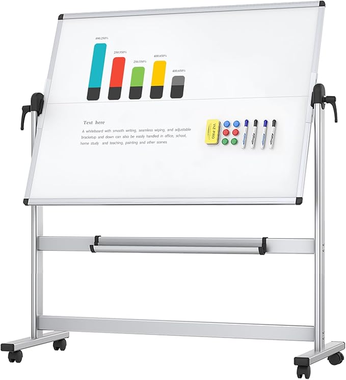 VIZ-PRO Double-Sided Mobile Whiteboard, 48 x 36 Inches, Magnetic Rolling Dry Erase White Board on Wheels with Aluminium Fr...