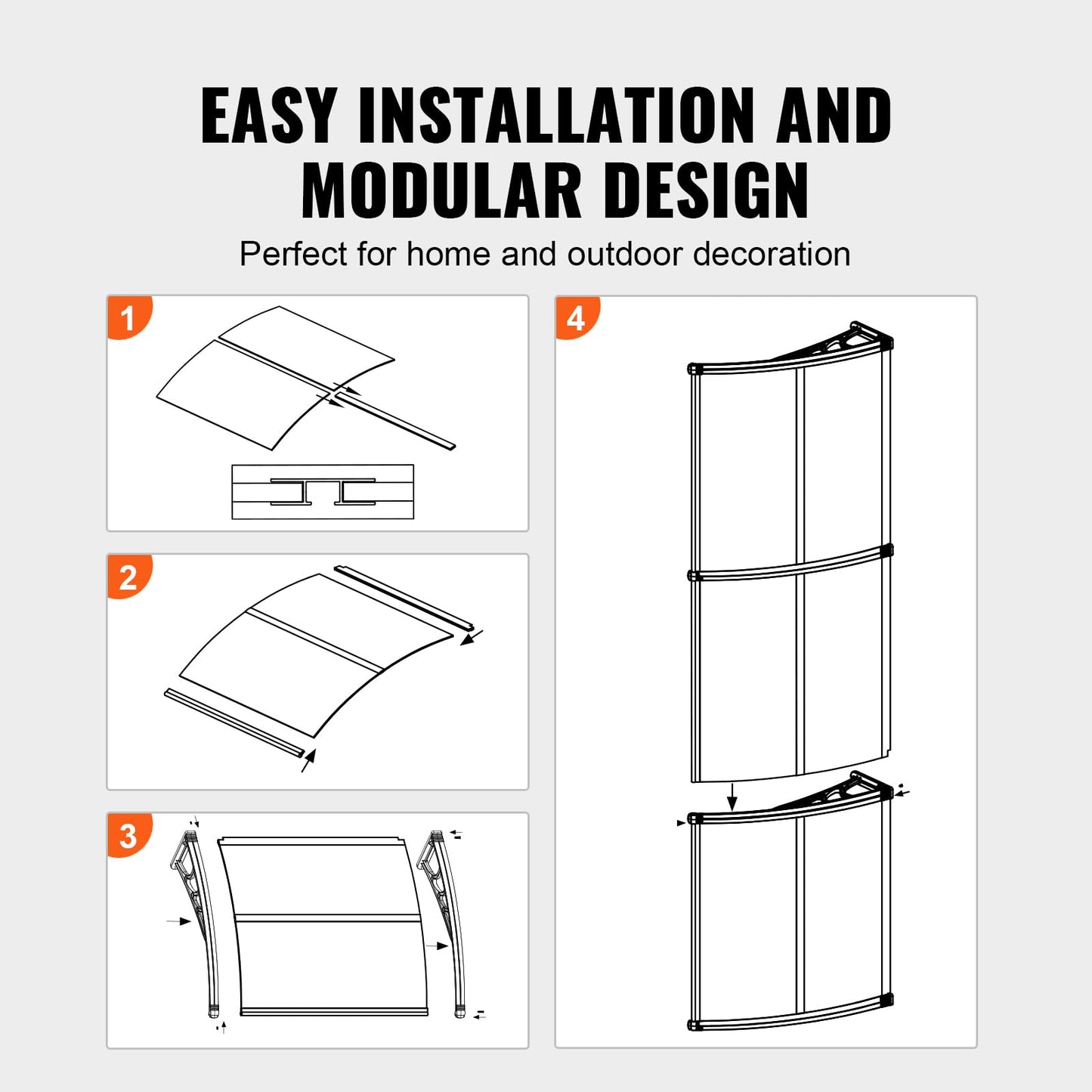 VEVOR 40" x 40" UPF 50+ Polycarbonate Window Door Awning Canopy, Modern Style, Brown Board & Black Bracket, Front Door Overhang Awning