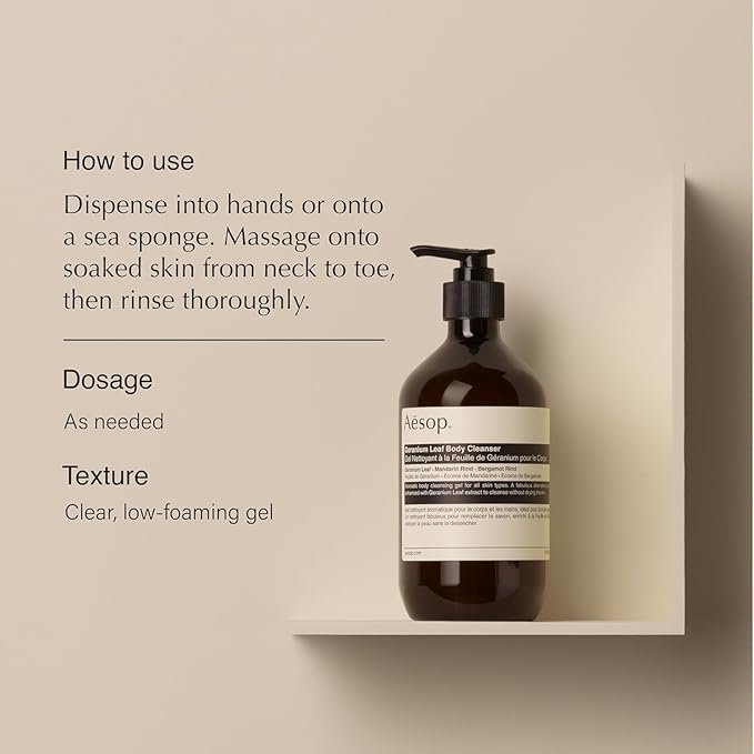 Aesop Geranium Leaf Body Cleanser Refill | Invigorating Gentle Cleansing Gel | Green, Citrus, Fresh | 16.9 fl oz (Pack of 3)