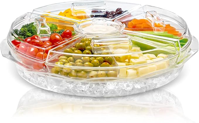 Chef's Star 16" Food Tray with Ice Compartment & Lid - 8 Section with Dip Holder Clear Acrylic Chilled Bowl for Lunch, Pic...