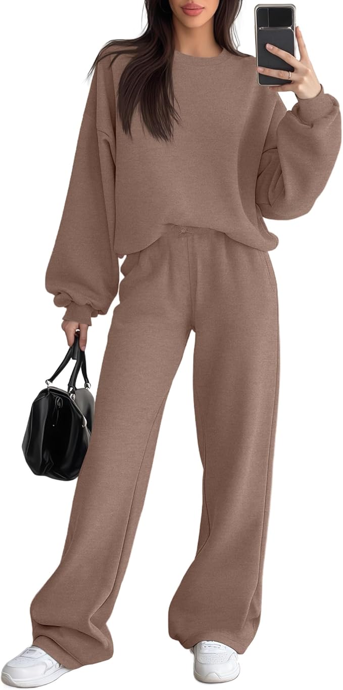 Sweetyweee Women's 2 Piece Outfits Set Fleece Lined Lounge Sweatsuit Crewneck Pullover Top Wide Leg Pants Casual Tracksuit
