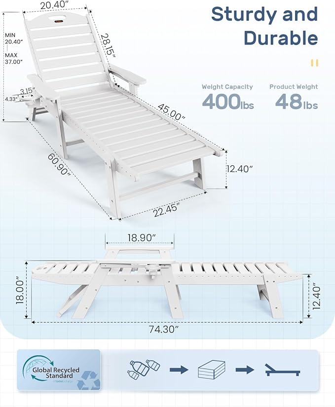 Ciokea Chaise Lounge for Outdoor, Patio Lounge Chairs for Outside, Chaise Lounge Chair with 6 Positions, HDPE Lounge Chair with Cup Holder for Pool Poolside Deck Backyard Lawn,White