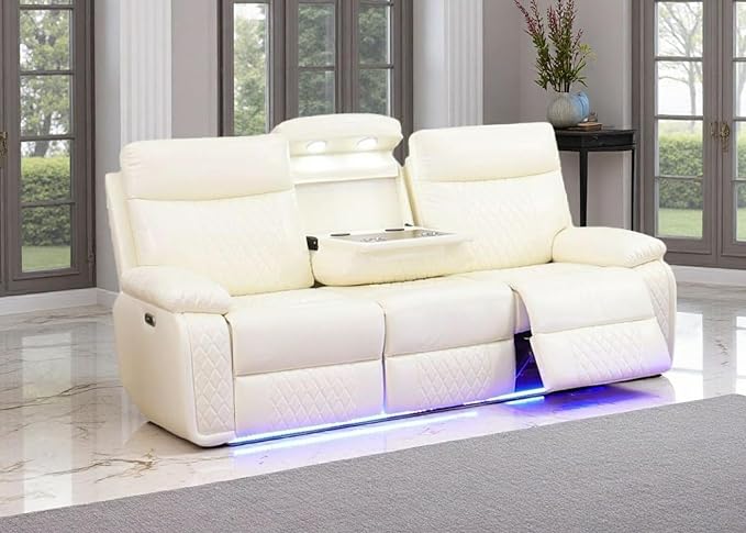 Toseslo Power Recliner Sofa Sectional Couches with LED Light, Leather Reclining 3-Seat Sofa, Living Room Furniture, Reclining Sofa with Cup Holders/Storage Console for House(Vanilla White)