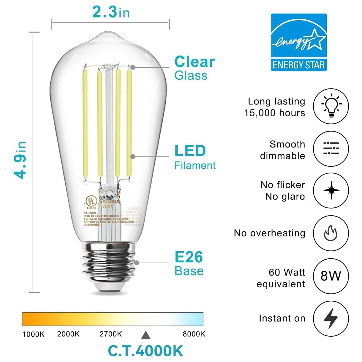 TJOY 12 Pack E26 Base Vintage LED Edison Light Bulbs, 60W Equivalent Dimmable, 4000K Natural White, 8W ST58 LED Filament Bulbs, 800Lumens, CRI80+, Antique Glass Style for Home, Bedroom, Farmhouse