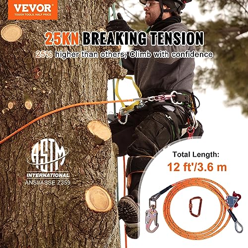 VEVOR Steel Core flipline, 1/2" x 12' Arborist Flipline, Flip Line for Tree Climbing with Alloy Steel Snap Hook, Aluminum ...