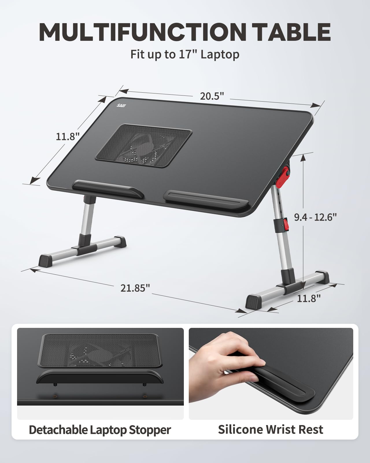 Laptop Desk for Bed with Cooling Fan, SAIJI Height & Angle Adjustable Laptop Stand for Bed, Lap Desk Tray Table, Lightweight Foldable Portable Computer Table for Couch Sofa Chair Floor Desk (Black)