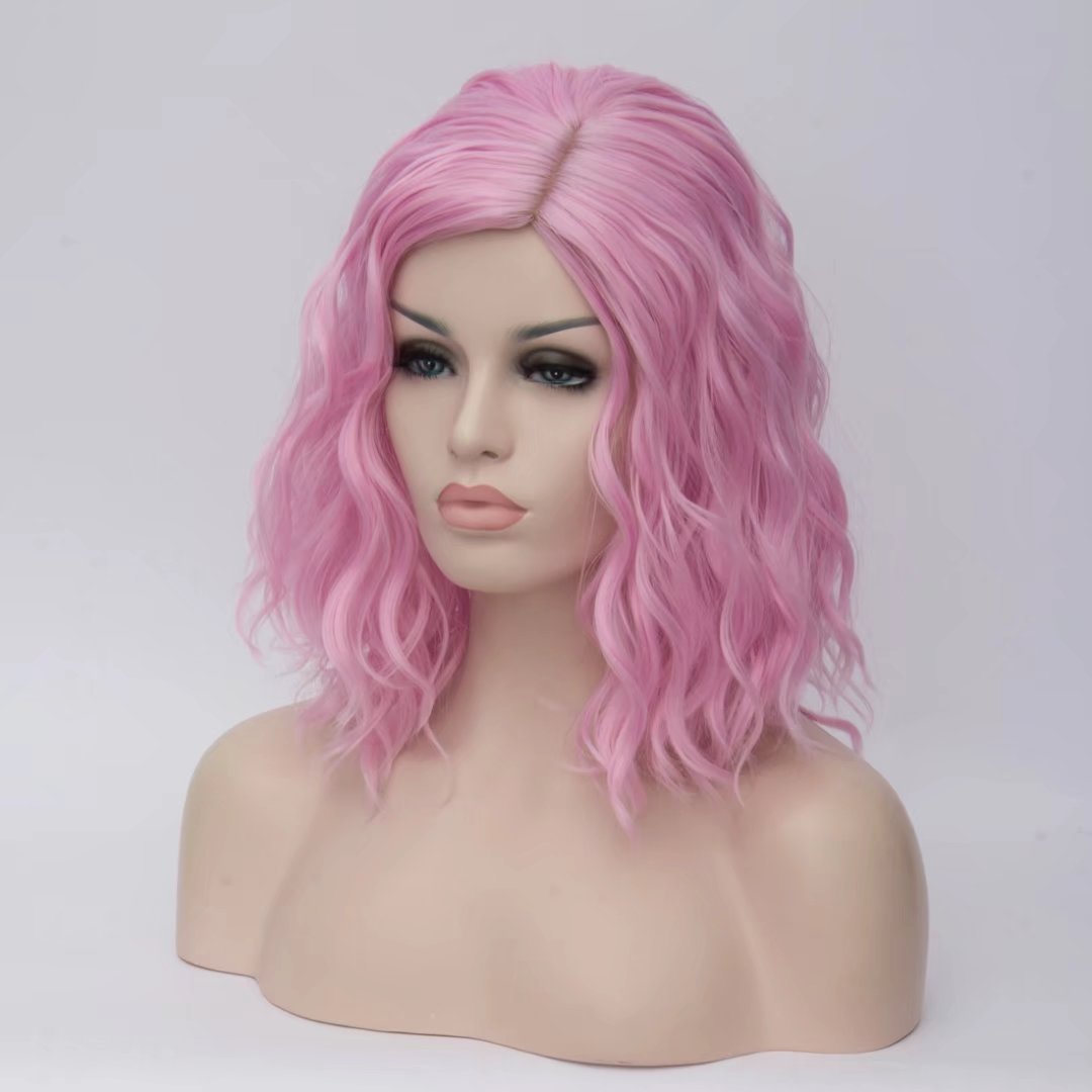 BUFASHION 14 Women Short Light Pink Kinky Straight Cosplay Synthetic Wigs With Air Bangs 46 Colors Available (Light Pink)