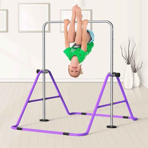 FBSPORT Gymnastics Bar for Kids with Rings，Adjustable Height Gymnastic Horizontal Bars,Junior Training Bar Children Folding Training Monkey Bars for Home Using (Purple)