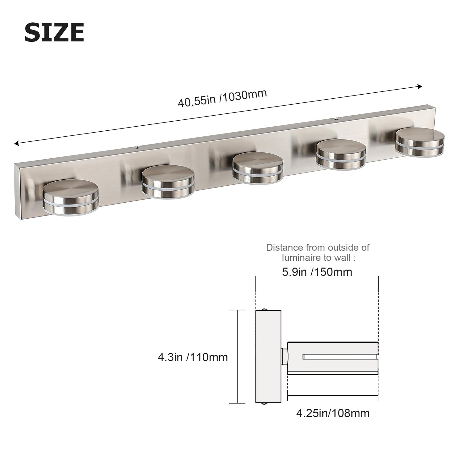 Bicrink Brushed Nickel Bathroom Light Fixtures Over Mirror, 5-Light Bathroom Vanity Light, LED Dimmable Bath Lights, Modern Dimmable Vanity Lighting with Rotating Lamp Head, 5500K