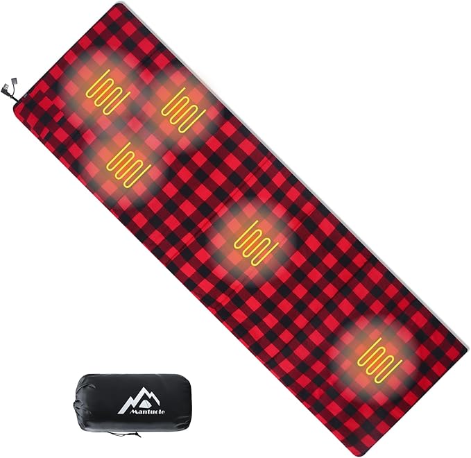 Mantuole Heated Sleeping Bag pad, Operated by 5V/2A USB Power Supply (Battery NOT Included). Black & Red Flannel.