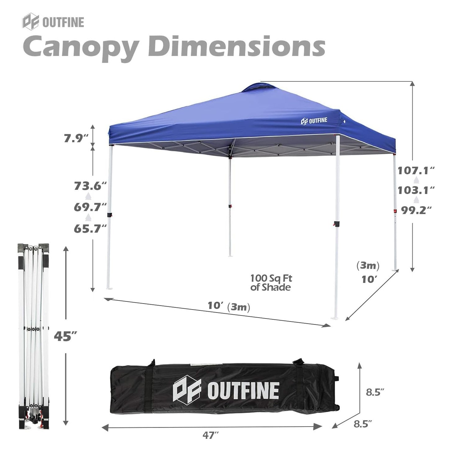 OUTFINE Pop-up Canopy 10x10 Patio Tent Instant Gazebo Canopy with Wheeled Bag,Canopy Sandbags x4,Tent Stakesx8 (Blue, 10 * 10FT)