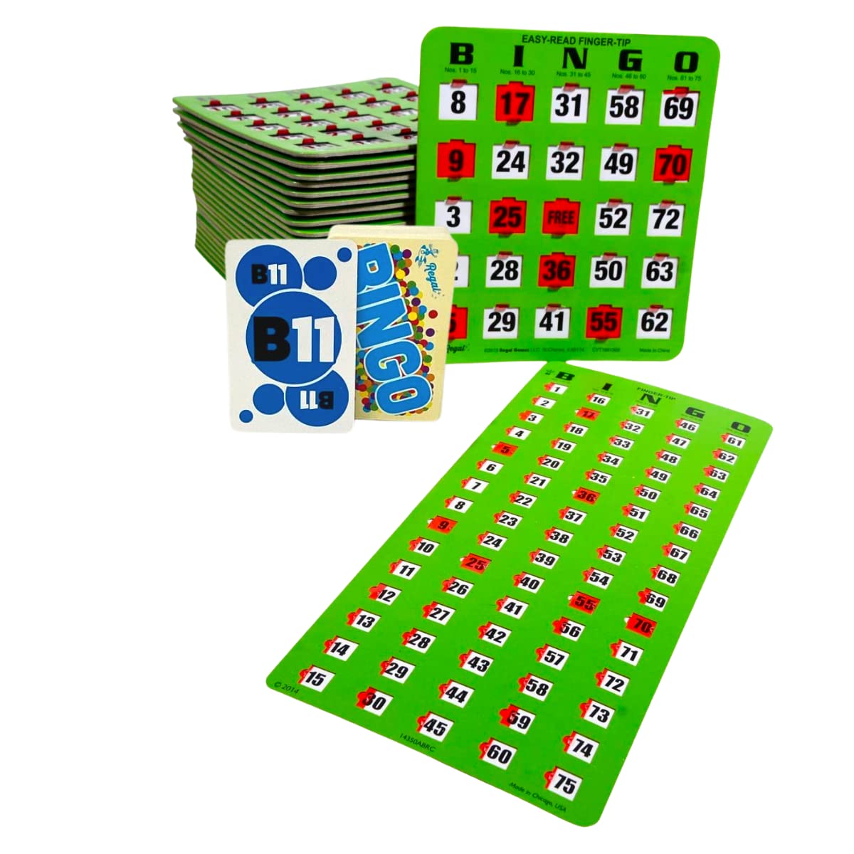 Regal Bingo 10 Bingo Cards with Sliding Windows, Bingo Calling Cards Deck & Master Board Bulk Kit - Reusable Large Print Bingo Game Set for Adults & Seniors Large Group - (Jumbo, Green)