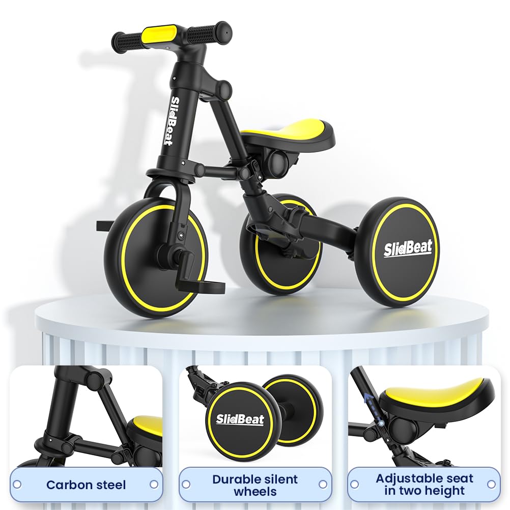 SLIDBEAT 4 in 1 Toddler Tricycle for Age 2-4 Years Old Kids, Big Wheel Adjustable Seat Balance Bike with Removable Pedal for Boys Girls Birthday