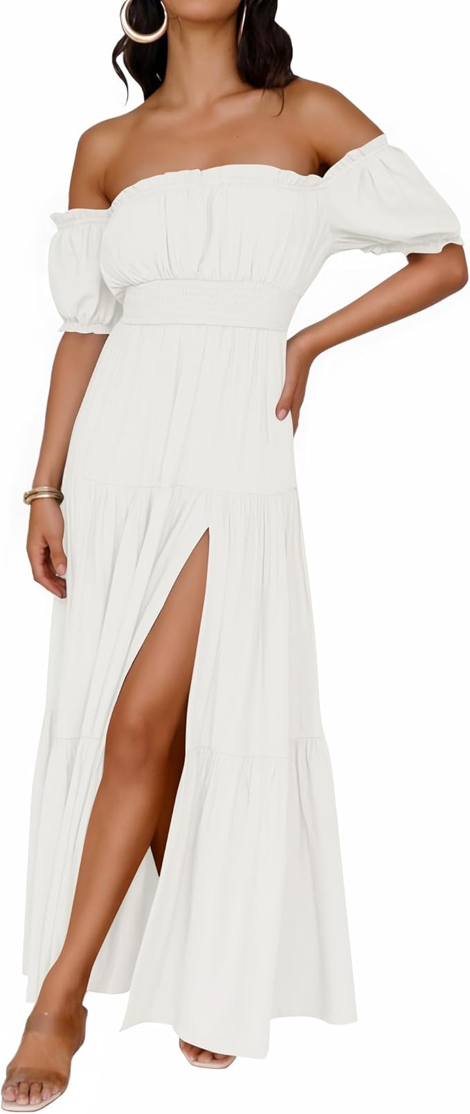 ZESICA Women's 2026 Boho Sexy Off Shoulder Short Sleeve Smocked Side Split Flowy A Line Tiered Long Maxi Dress with Pockets