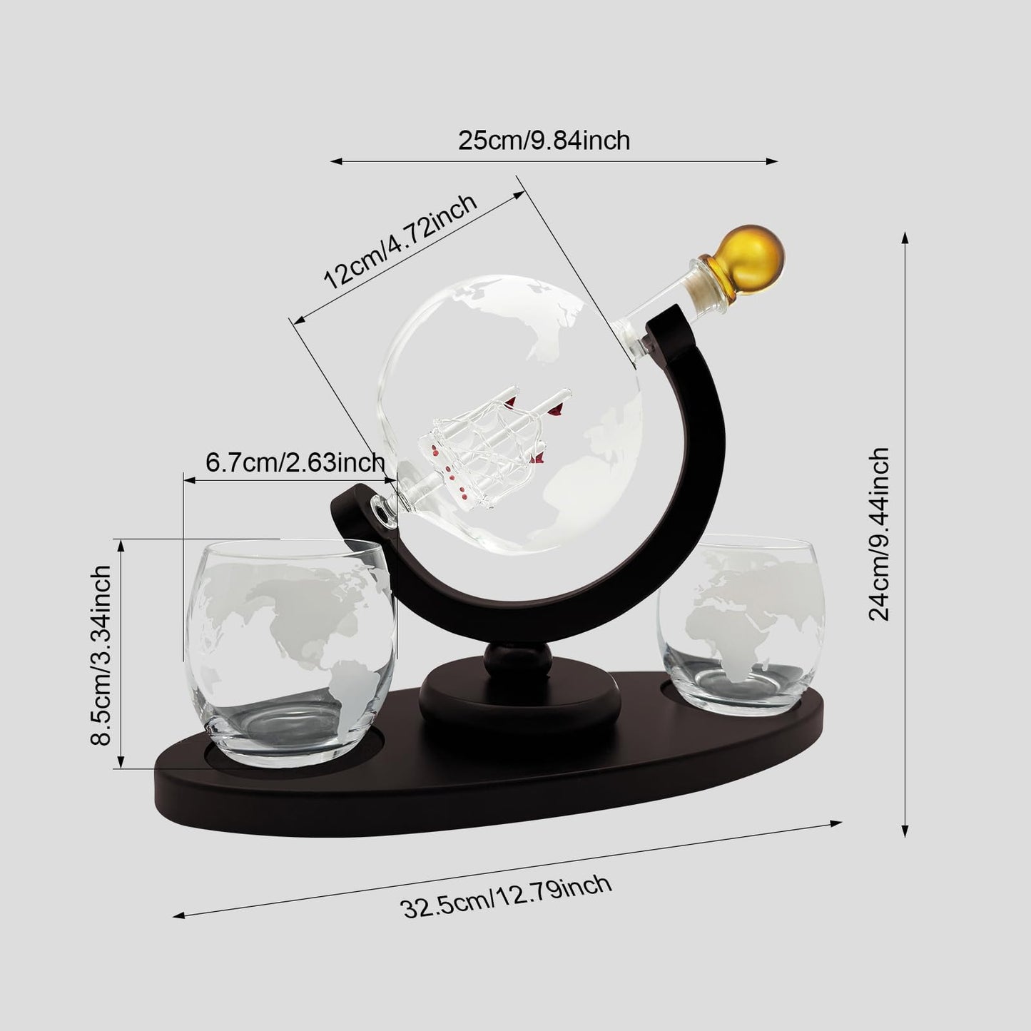 Christmas Anniversary Birthday Gifts for Dad, Whiskey Decanter Set, Globe Decanter Sets for Men, Etched World, Liquor Decanters, Wooden Base for World Map Whiskey Glasses