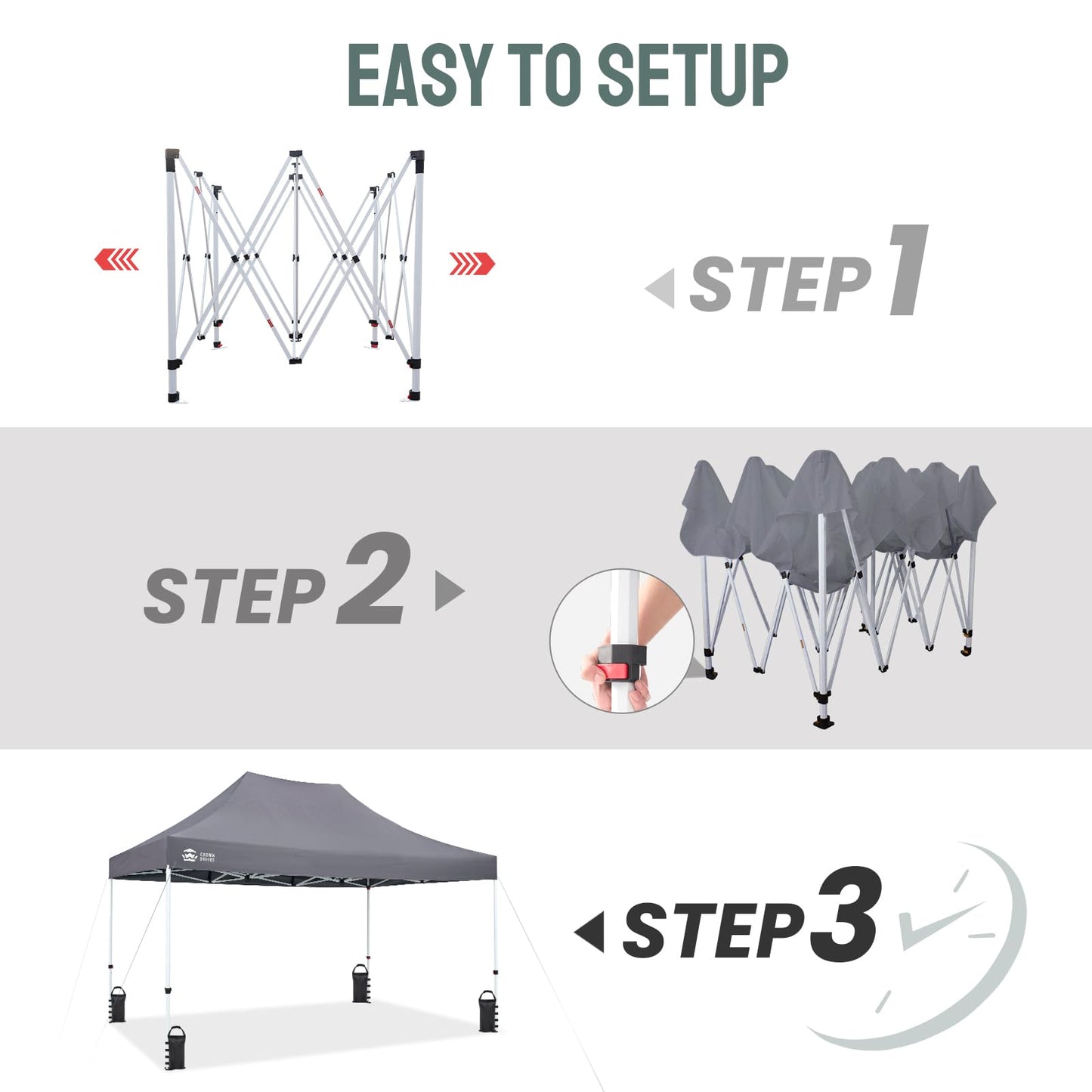 CROWN SHADES 10x15 Pop Up Canopy Tent, Thicken Frame Commercial Heavy Duty Tent, 8 Stakes & 4 Sandbags & 4 Ropes, Outdoor Canopies for Events, Parties,Grey