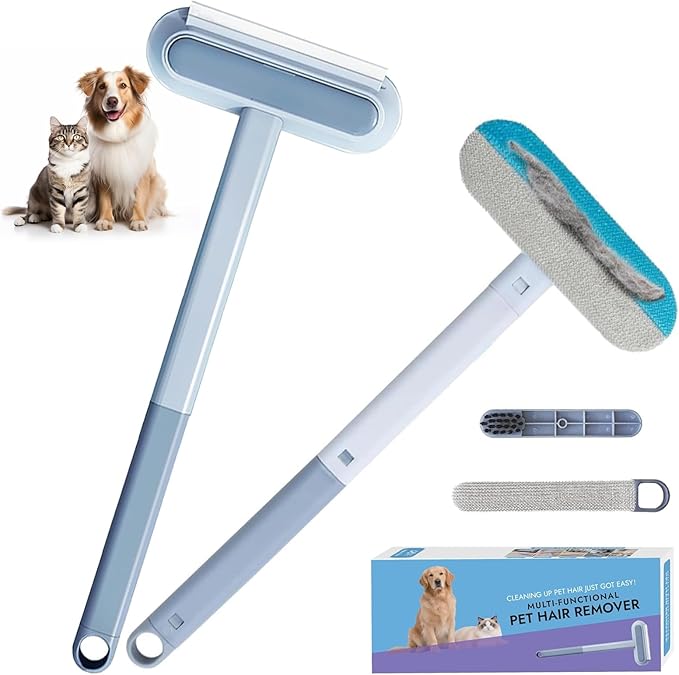 Pet Hair Remover for Couch, Furniture & Car Seats - Reusable Lint Roller for Dog and Cat Hair Removal on Clothes, Carpet, Bedding - Eco Friendly, No Sticky Refills, with Long Handle & Squeegee