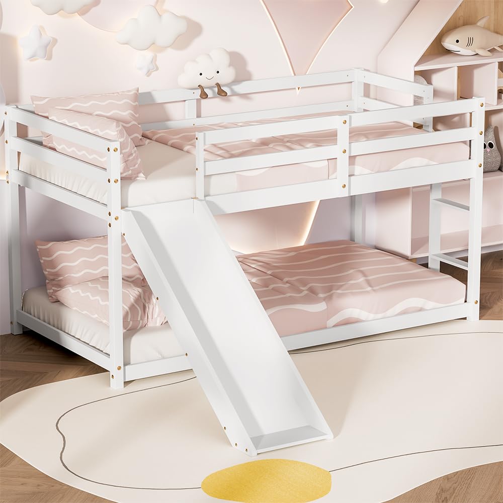 OLEAD Low Bunk Bed with Slide, Floor Loft Bed with Climbing Ladder, Wood Twin Bunk Bed Frame with Full Guardrails & Storage Space for Kids Toddler