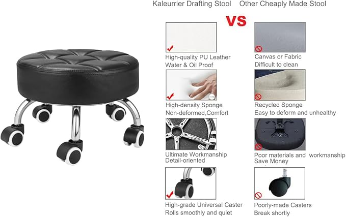Kaleurrier Low Height Rolling Stool - Heavy Duty Short Stool Chair with Wheels Low to Ground - Small Roller Seat Stools for Home Office Kitchen Repair Shop Pedicure Garage Library Studio Black