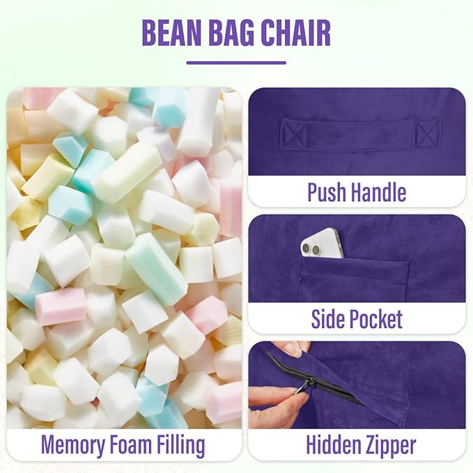 HABUTWAY Bean Bag Chair: Giant 6' Memory Foam Furniture Bean Bag Chair with Microfiber Cover - 6Ft,Purple