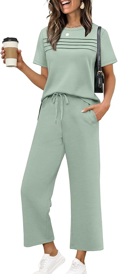 WIHOLL Two Piece Sets for Women Summer Travel Vacation Outfits Short Sleeve Lounge Sets Side Slit Wide Leg Pants S-3XL