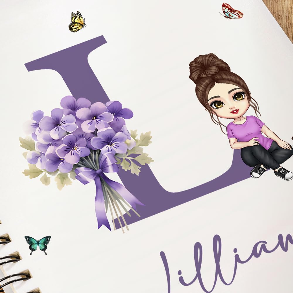 callie Personalized Notebook for Women kid, Custom Cartoon Character Birth Flower Bouquet Name A5 Spiral Notebook with 120 Lined Pages and Initial, Birthday Journal Gift for Women