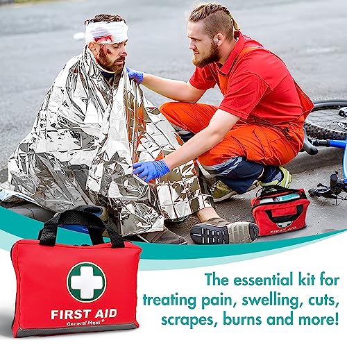 General Medi First Aid Kit -309 Pieces- Reflective Bag Design - Including Bandages, Moleskin Pad and Emergency Blanket for...