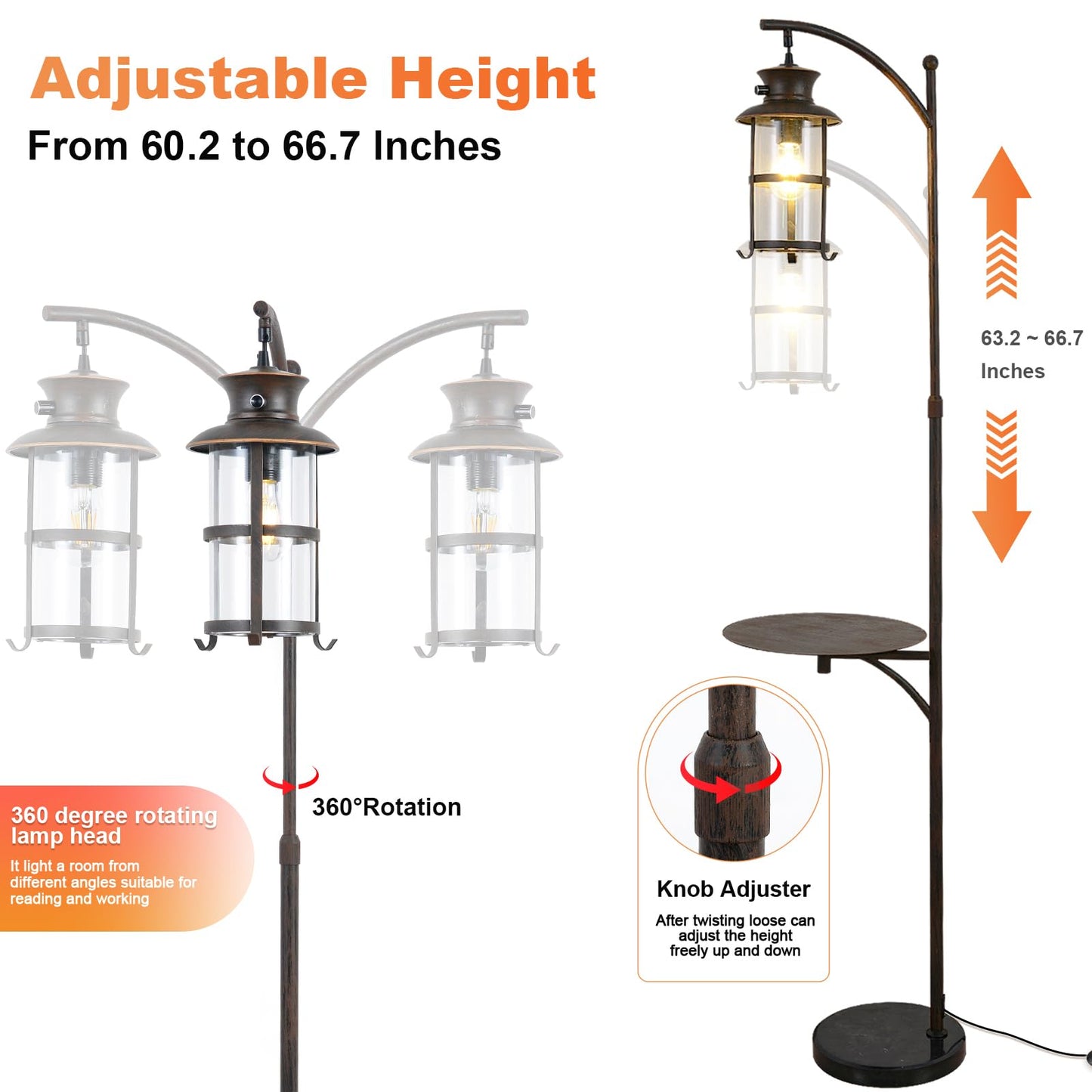 beaysyty Farmhouse Retro Adjustable Floor Lamps with Tray Lantern Tall Standing lamp for Bedroom Home Decor for Office Living Room Bedroom, Knob Switch (Rust)