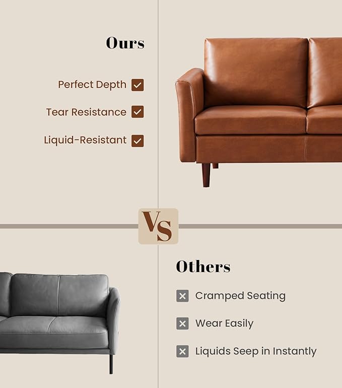 Kingfun Faux Leather 2 Seat Couch for Living Room, Mid Century Modern Sofa with Rolled Arms and Deep Seats, Fluffy Comfort for Apartment, Easy to Assemble, Chestnut