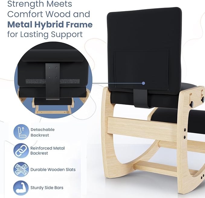 Mind Oasis Ergonomic Kneeling Chair with Back Support - Knee Chair Ergonomic for Office w/Upholstered Fabric - Adjustable Rocking Stationary Correcting Stool, Meditation Desk Stool for Better Posture