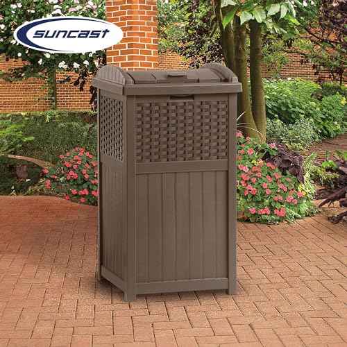 Suncast 33 Gallon Commercial Outdoor Trashcan Hideaway with Lid for 30 to 33 Gallon Trash Bags for Garage, Backyard, or Garden, Brown
