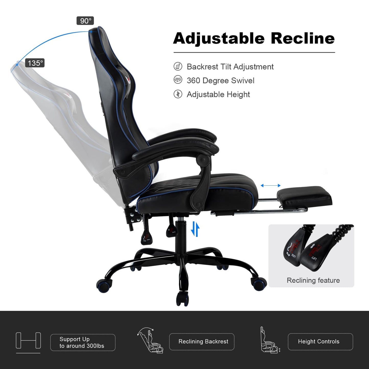 Leekaeiio Gaming Chair for Adults, Computer Chair with Footrest and Pocket Spring Cushion,Comfortable Ergonomic Video Game Chair with Lumbar Support and Headrest for Office Home (Blue)