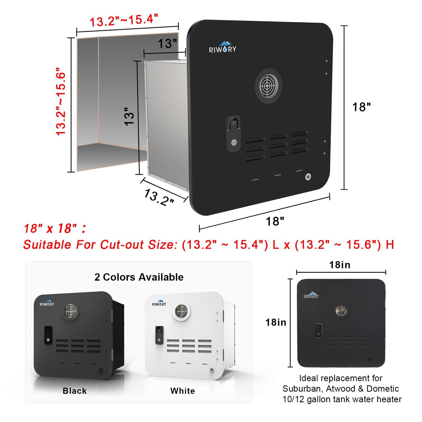 RIWORY 65,000 BTU RV Tankless Water Heater Propane with 18x18 Door, 3.9 GPM RV On Demand Water Heater, High Altitude Available, DC 12V Instant RV Water Heater with Outdoor Water Outlet