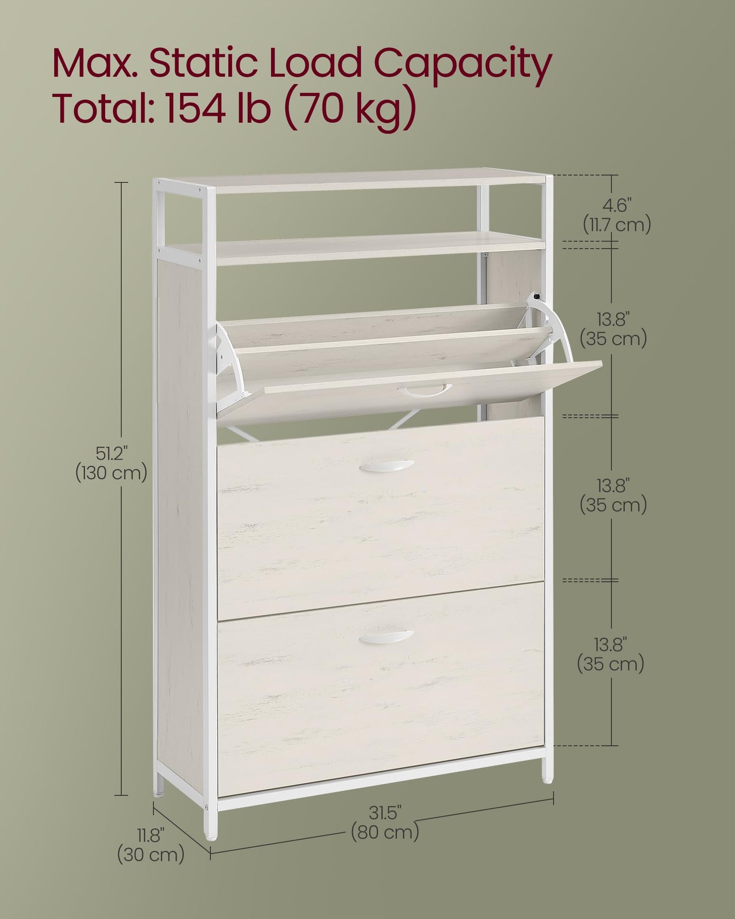 VASAGLE Shoe Cabinet with 3 Flip Drawers, Shoe Storage Cabinet, Asjustable and Removable Dividers, Holds 15-24 Pairs of Shoes, 11.8 x 31.5 x 51.2 Inches, Rustic White and Matte White ULBS802W01