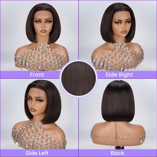 Dark Brown Bob Wig Human Hair 13X4 Lace Front Wigs Human hair 180% Density Short Straight Frontal Bob Wig HD Transparent Lace Frontal wigs Pre Plucked for Women With Baby Hair Dark Brown Color 14 Inch
