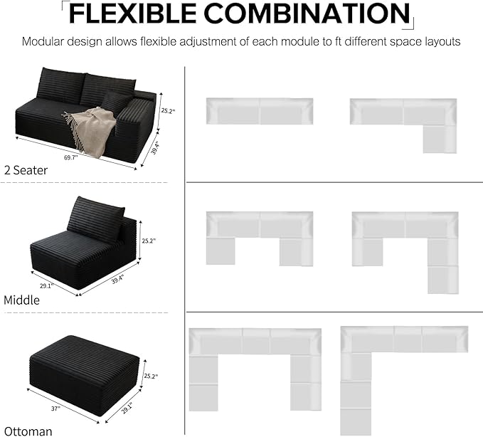 139.4" Modular Sectional Sofa, U-Shaped Minimalist Couches with 2 Ottomans Chaise, Modern Deep Seat Convertible Sleeper Sofa Bed,Cloud Plush Corduroy Fabric, No Assembly Required, 6 Seater, Black