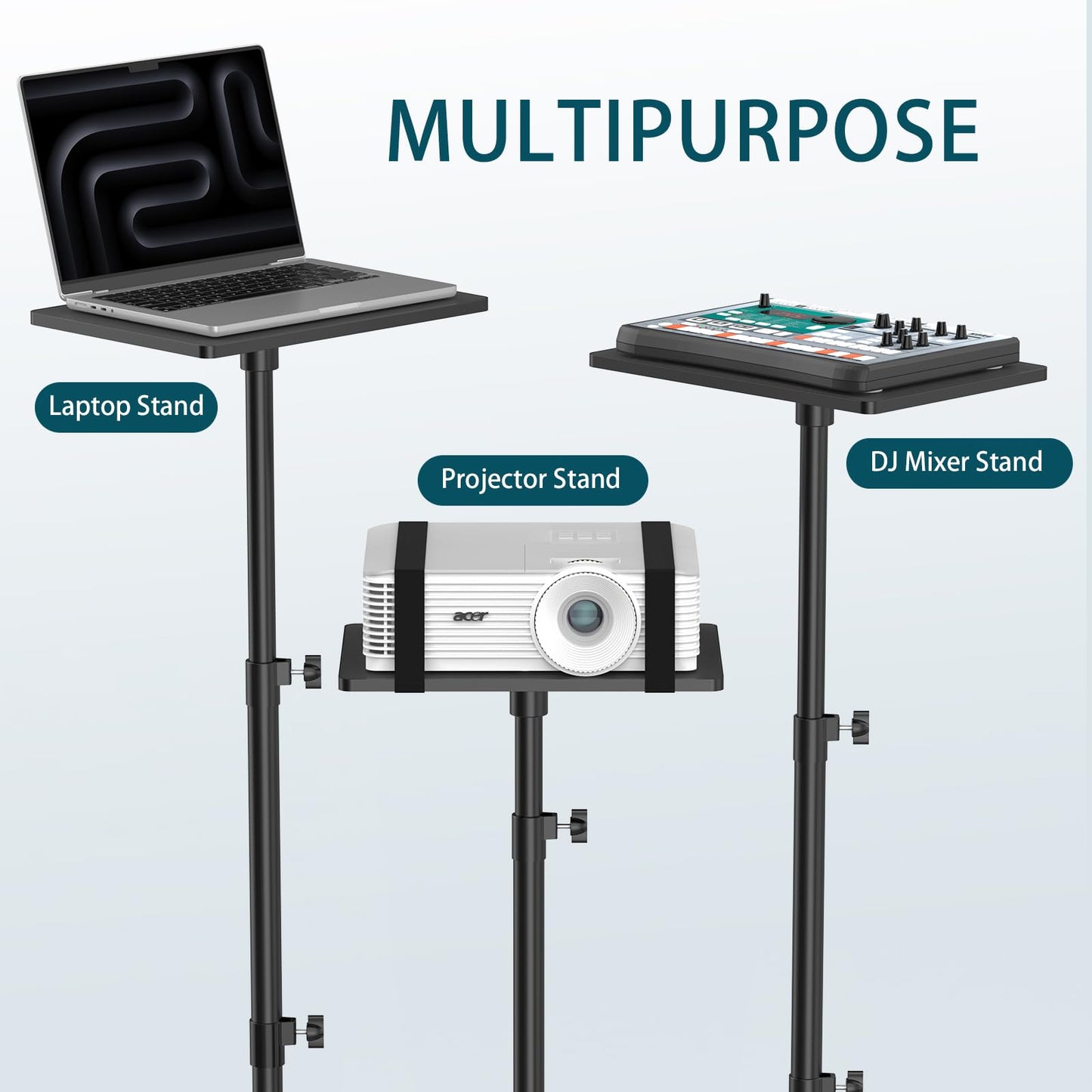 GLEAM Projector Stand Tripod from 23" to 51", Laptop Tripod Stand with Elastic Band, Height Adjustable for Office, Home, Stage, Studio, Multifunctional DJ Rack Stand