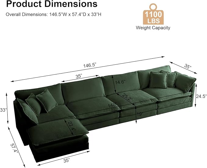 KIVENJAJA Oversized L-Shaped Modular Sectional Sofa, Modern Comfy Chenille 4-Seater Deep Seat Cloud Couch with Ottoman/Chaise & 6 Pillows for Living Room Office, 146.5”W, Green