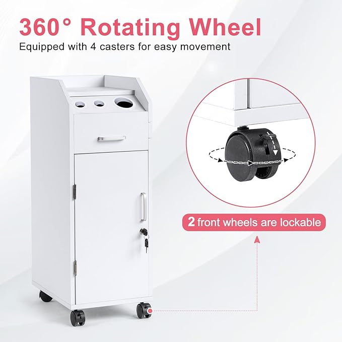 Winado Hair Salon Storage Cart with Wheels & 3 Hair Dryer Holders & 4 Drawers & Lock & 2 Keys, Hairdressing Tools Station Mobile Makeup Case, SPA Utility Trolley (White)