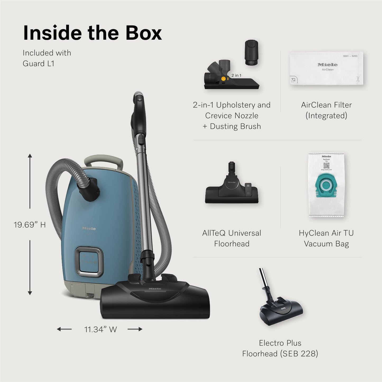 Miele New Guard L1 Bagged Canister Vacuum Cleaner With Airclean Filter, Electro Plus Floorhead, Allteq Universal Floorhead, Led
