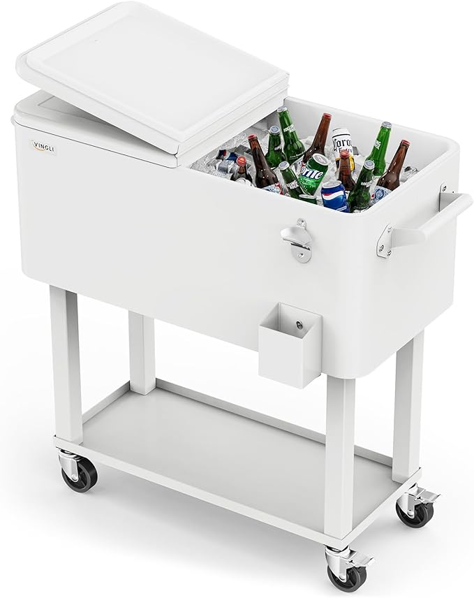 VINGLI 80 Quart Rolling Ice Chest, Portable Patio Party Bar Drink Cooler Cart, with Shelf, Beverage Pool with Bottle Opener
