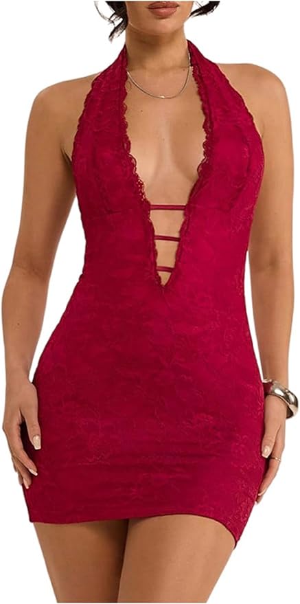 SweatyRocks Women's Sexy Deep V Neck Lace Halter Mini Dress Open Back Bodycon Club Dresses Rave Outfits