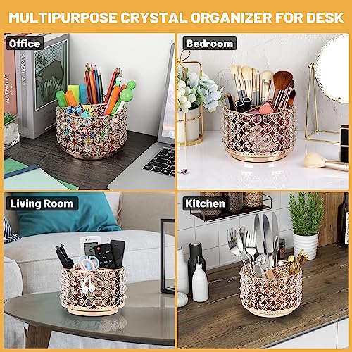 BTSKY Crystal 360 Degree Rotating Desk Organizer Decorative Storage Box with 4 Compartments, Glitter Metal Makeup Brush Ho...