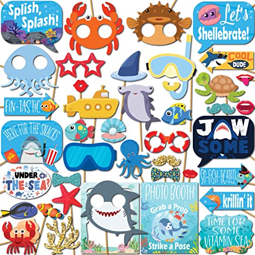 Under The Sea Photo Booth Props - 41-pc Photobooth Kit with 8 x 10-Inch Sign, 60 Adhesive Pads, 45 Sticks - Under The Sea ...