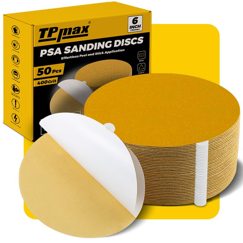 6-Inch 400-Grit Gold PSA Sanding Discs, 50 Pack – Pro-Grade Self-Adhesive Stickyback Sandpaper with Quick-Release Tabs for DA Sander, Superfine Automotive/Wood/Metal Sanding
