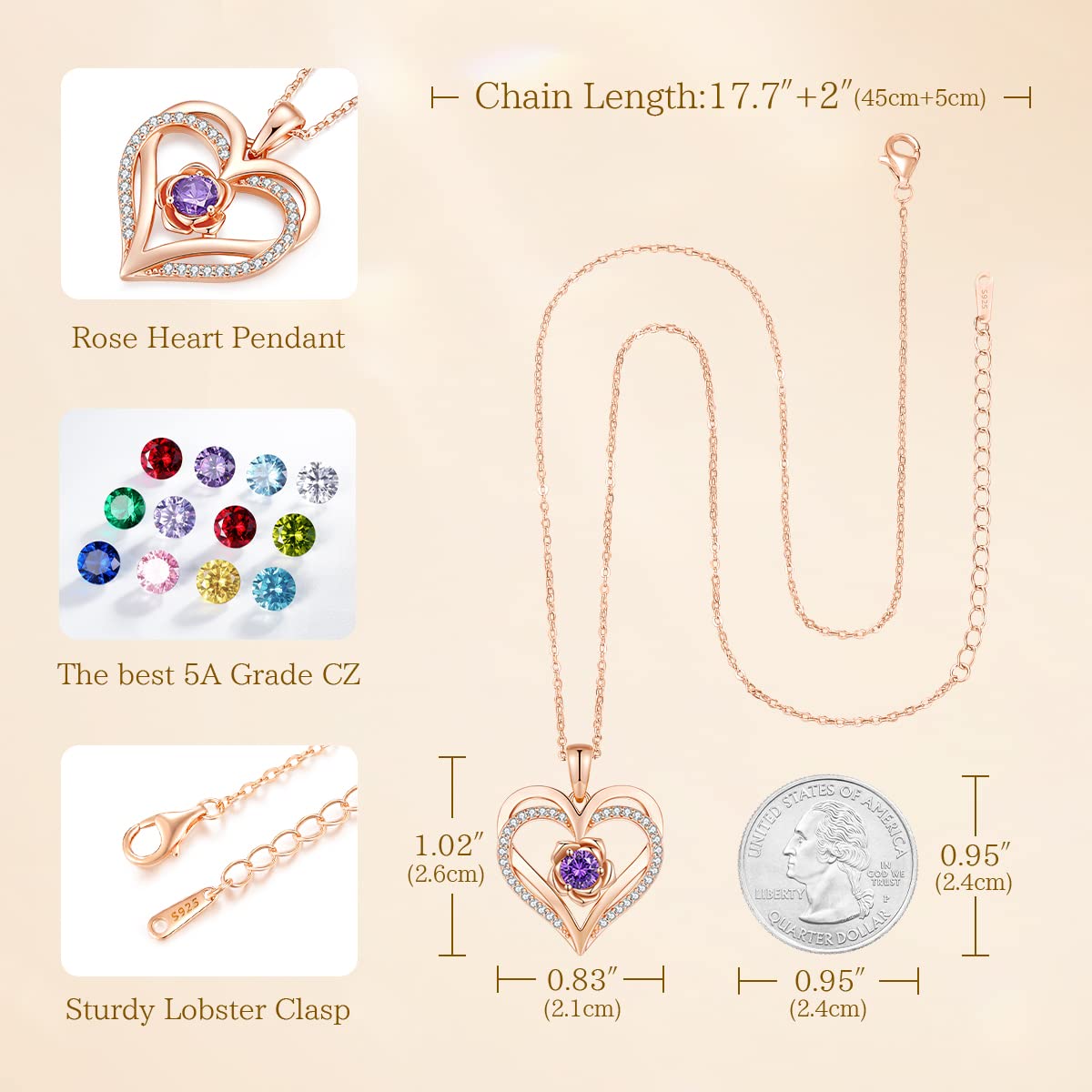 CDE Rose Flower Love Heart Birthstone Necklaces for Women 925 Sterling Silver Rose Gold Jewelry for Wife Girlfriend Mom Daughter Lady Her for Anniversary Birthday Christmas Gift (Rose Gold-02-Feb.)
