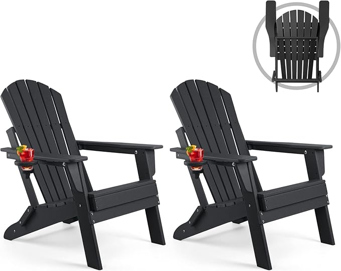 FUNBERRY Folding Adirondack Chair Set of 2, All Weather HDPE Fire Pit Chairs with Cup Holder for Outdoor