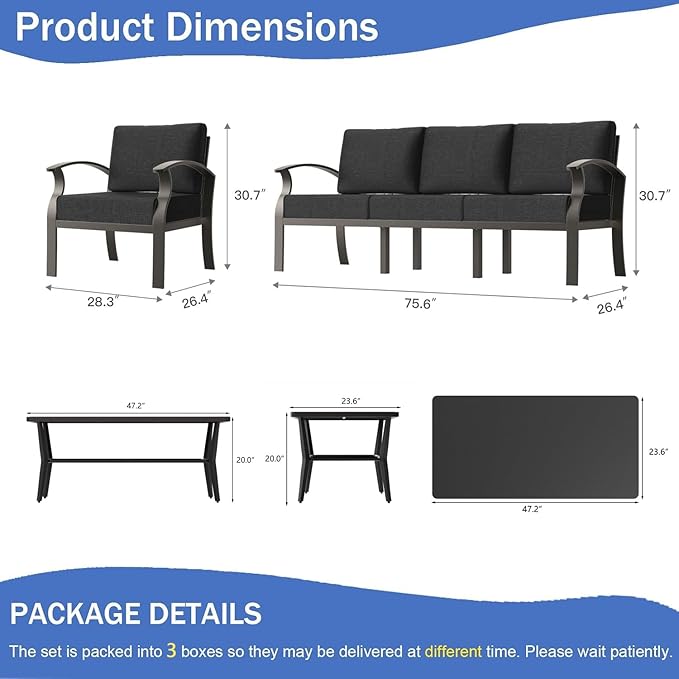 RTDTD Aluminum Outdoor Patio Furniture Set,5 Seats Patio Conversation Sets with Rectangular Coffee Table,Metal Patio Sectional Furniture Set with 5.1" Thickened Cushions,Black