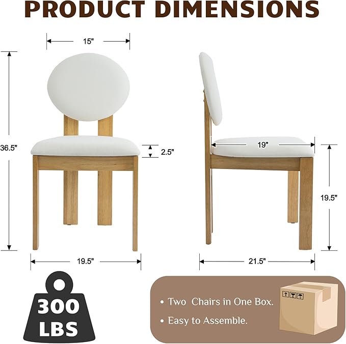 Wahson Modern Wood Dining Chairs Set of 2, Farmhouse Beige Linen Kitchen Chairs with Round Back and Wooden Legs, Mid-Century Armless Upholstered Accent Chairs for Dining Room/Living Room/Restaurant