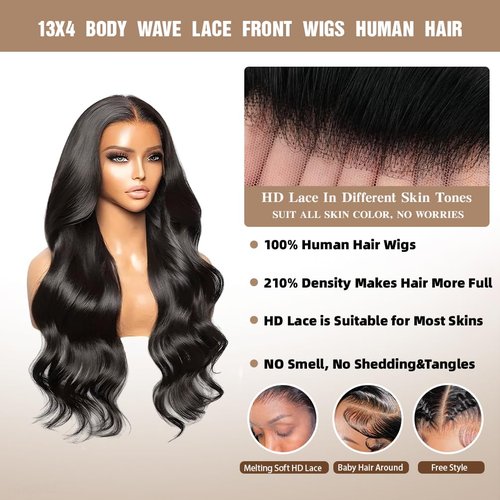 14" 13x4 Glueless Wigs Human Hair Pre Plucked Pre Cut with Baby Hair, 210% Density 12A Brazilian Body Wave Lace Front Wigs Human Hair, Chocolate Brown HD Transparent Wear and Go Wigs for Black Women